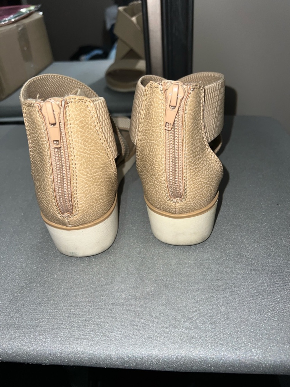 MIA Neutral Tan Elastic Criss-Cross-Strap Wedge Sandals - Picture 2 of 4